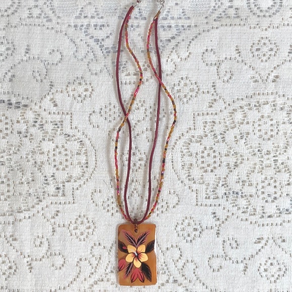 Jewelry - Mother of Pearl Painted Plumeria Flower Necklace. 2 Strands, 1 Beaded 1 Leather